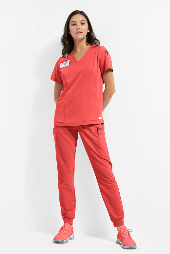 ReSurge Ruby Women's 5-Pocket Curved V-Neck Top - Sunset Rose - 2
