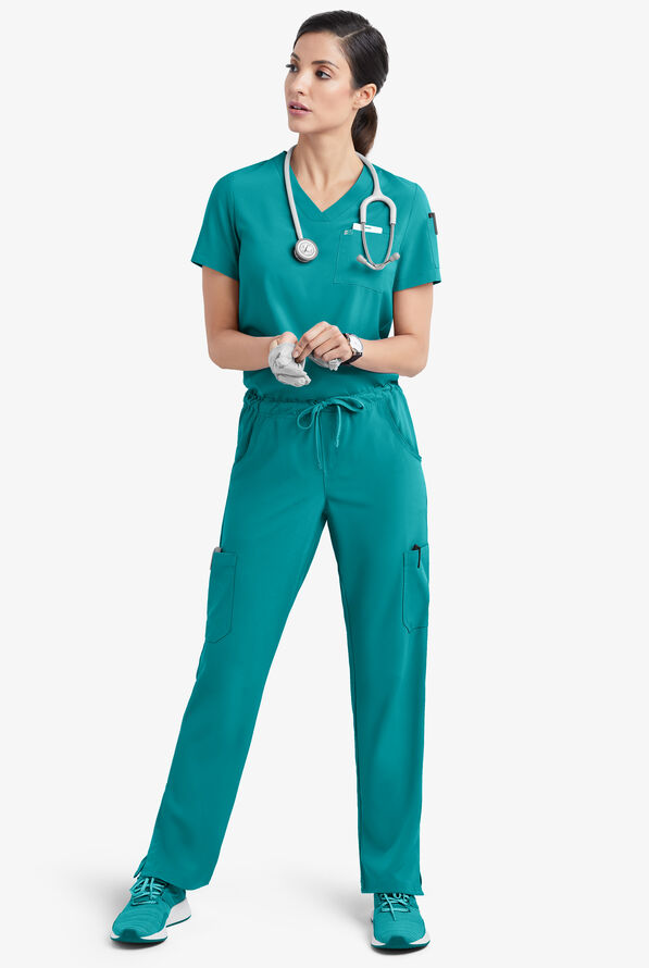 Easy STRETCH Chloe Women's 3-Pocket V-Neck Tuck-In Scrub Top - Teal - 2