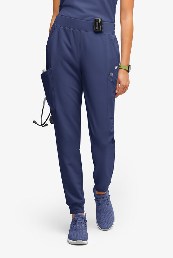 ReSurge Amber Women's Modern 7-Pocket Flat Front Slim Leg Jogger Scrub Pants - Petite - Navy - 1