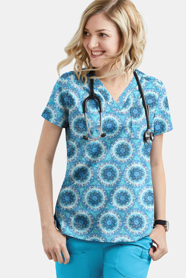 Butter-Soft STRETCH Splash of Geo Aqua Moon Women's 1-Pocket V-Neck Print Scrub Top - null - 3