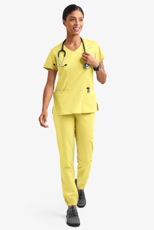 Blusa m&eacute;dica UA Butter-Soft STRETCH estilo cruzado con cuello en V y 3 bolsillos para mujer - Lemon Sherbet - 6