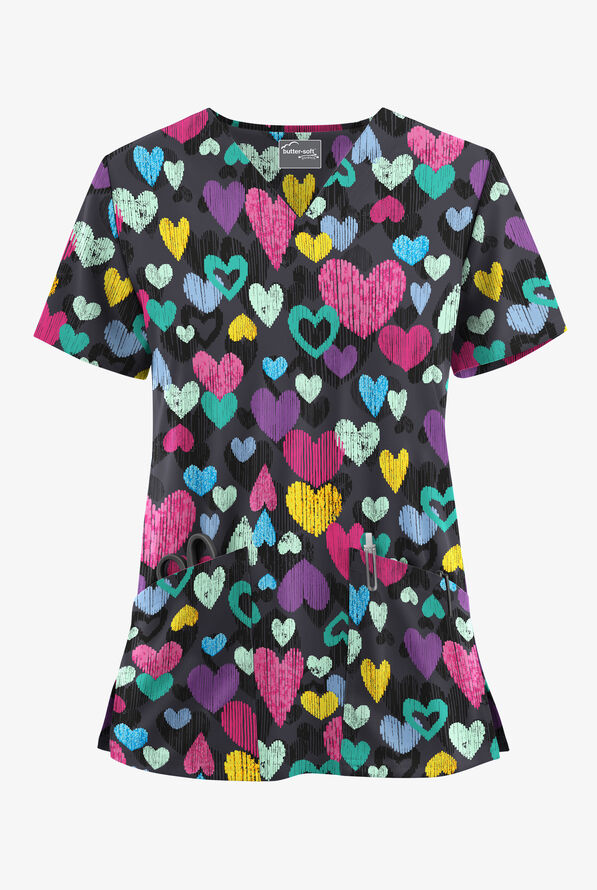 Butter-Soft STRETCH Sweet Love Pewter Women's 2-Pocket V-Neck Print Scrub Top - null - 1