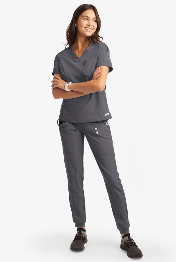 Butter-Soft Women's 3-Pocket V-Neck Tuck-In Scrub Top **Slightly IRREGULAR** - Pewter - 1