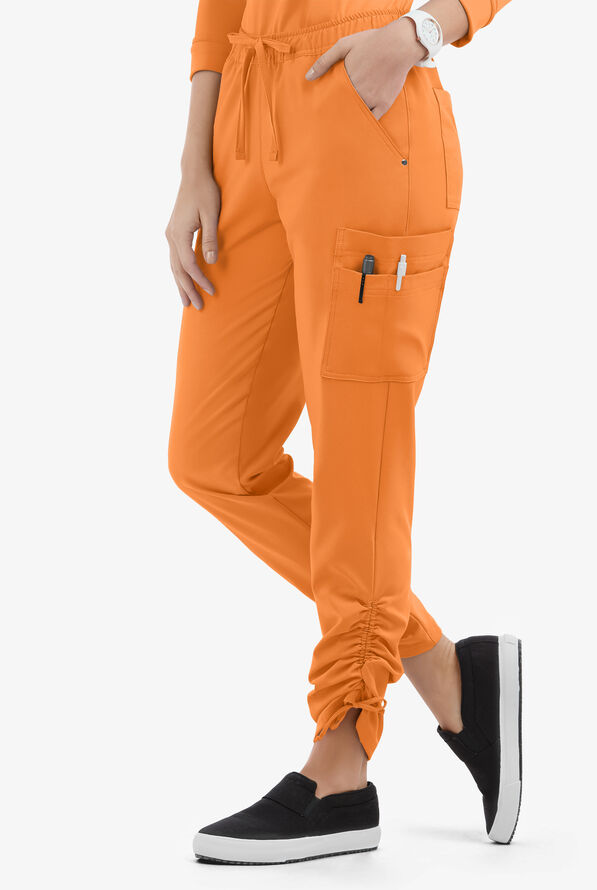 Easy STRETCH Halle Women's 11-Pocket Ruched Leg Jogger Scrub Pants - Petite - Apricot Crush - 1