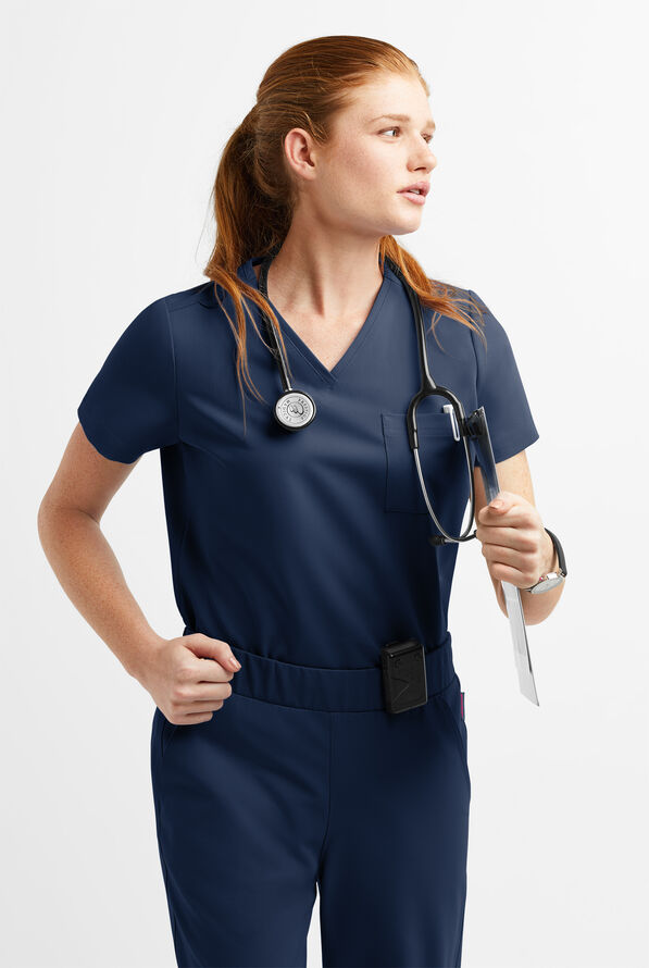 MOVEMENT by Butter-Soft Ceti Women's 1-Pocket V-Neck Tuck-In STRETCH Scrub Top - Navy - 2