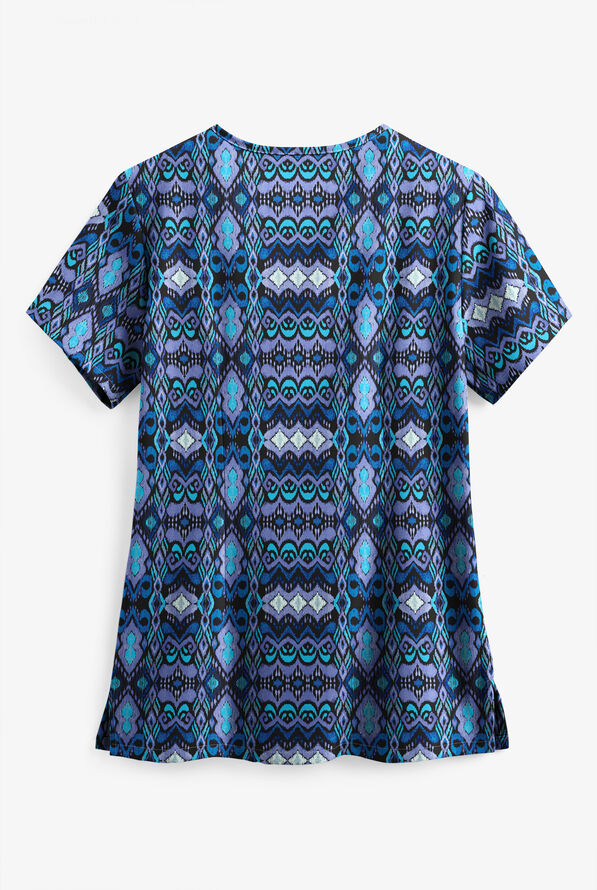 Easy STRETCH Whispering Ikat Onyx Women's 4-Pocket V-Neck Print Scrub Top - null - 2