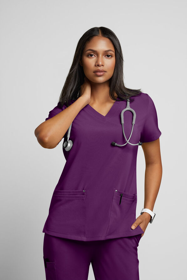 Easy STRETCH Lina Mitered Women's 4-Pocket V-Neck Scrub Top - Eggplant - 2