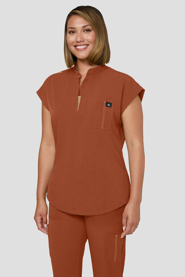 koi Solis Catrin Women's 2-Pocket STRETCH Dolman Sleeve Mandarin Collar Scrub Top - Dark Copper - 2