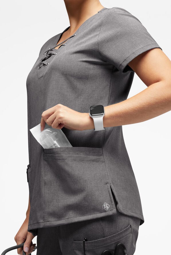 Easy STRETCH Gisele Women's 4-Pocket Lace Up V-Neck Scrub Top - Graphite Heather - 2