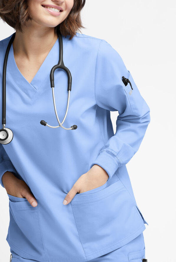 Butter-Soft Originals Women's 7-Pocket Curved V-Neck Long Sleeve Scrub Top - Ceil Blue - 3