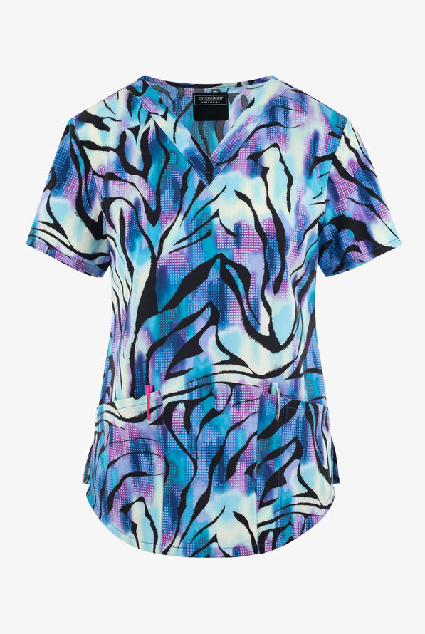 Cherokee  Genuine Wild Abstract Women's 2-Pocket STRETCH V-Neck Print Scrub Top - null - 1