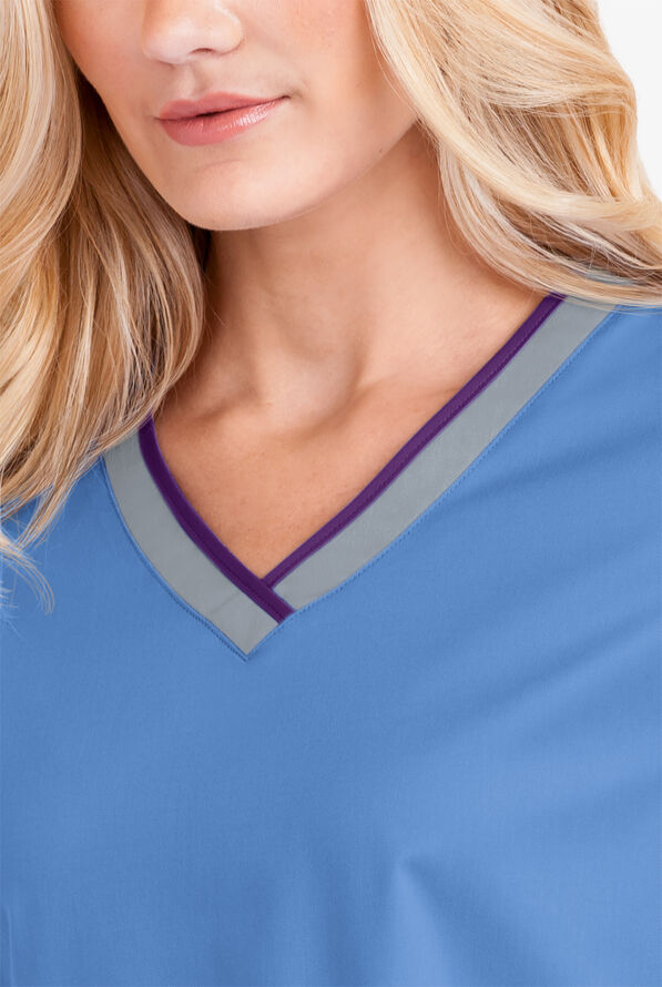 Butter-Soft STRETCH Women's 4-Pocket Active Rounded V-Neck Scrub Top - Ceil/Silver/Eggplant - 3