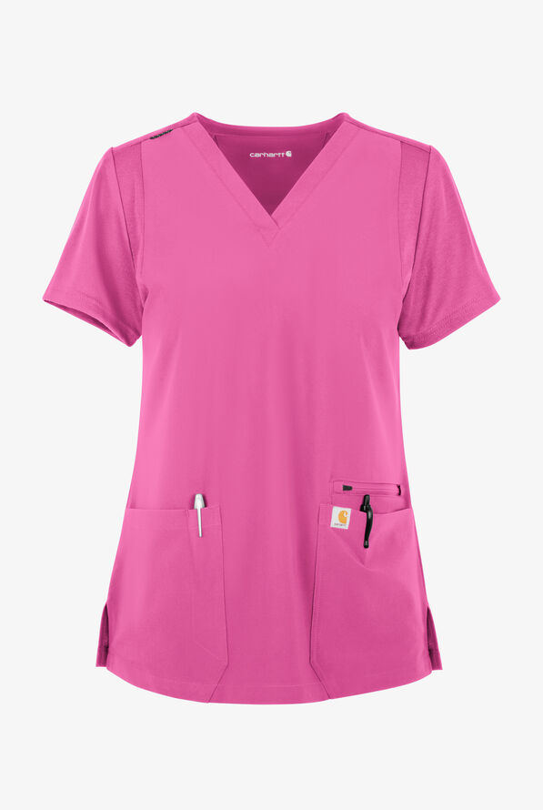 Carhartt Cross-Flex Force Women's 3-Pocket STRETCH Knit Panel Scrub Top - Electric Fuchsia - 1