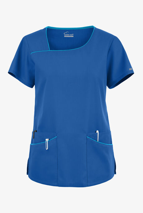Blusa médica Butter-Soft Originals con cuello asimétrico y 4 bolsillos para mujer