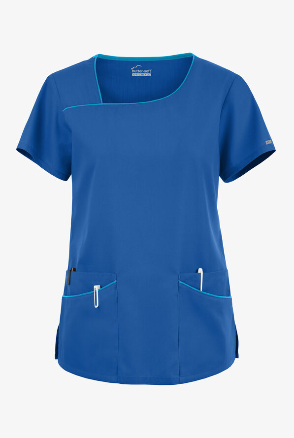 Butter-Soft Originals Women's 4-Pocket Asymmetrical Neck Scrub Top - Royal/Turquoise - 1