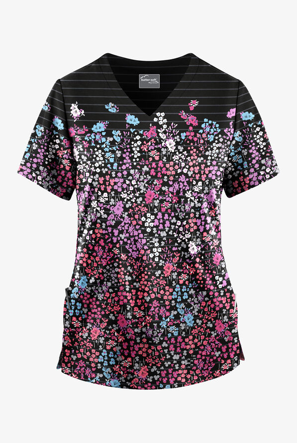 Blusa médica estampada Butter-soft STRETCH Holland Garden Black STRETCH con cuello en V para mujer - null - 1