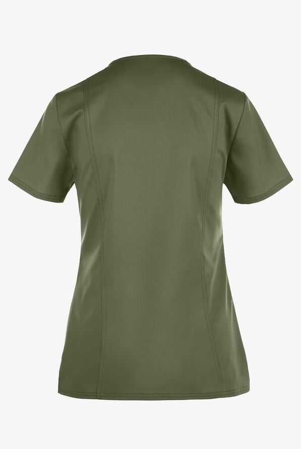 Cherokee Workwear Revolution Women's 2-Pocket STRETCH Mock Wrap Scrub Top - Olive - 2