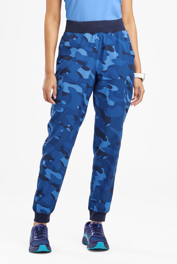 Easy Stretch Cloud Camo Navy Women’s 7-Pocket Jogger Print Scrub Pants - null - 1