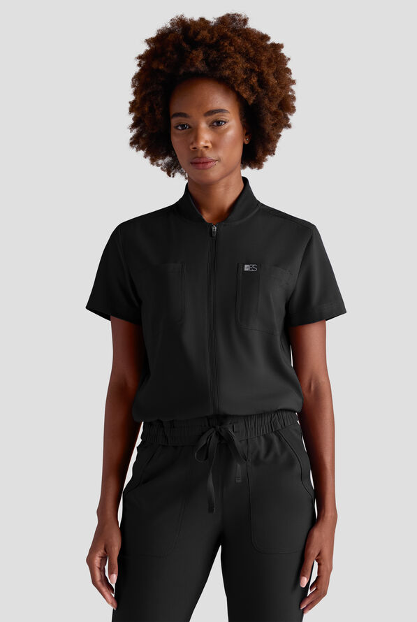 Easy STRETCH Nika Women's Zip Front Short Sleeve Jacket - Onyx Black - 1