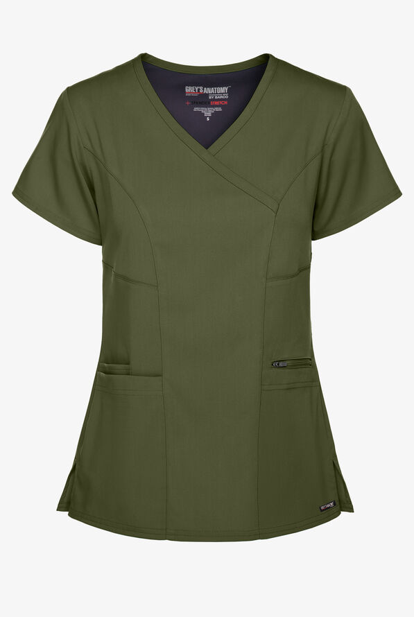 Grey's Anatomy by Barco Spandex STRETCH Kim Women's 3-Pocket Mock Wrap Scrub Top - Olive - 1