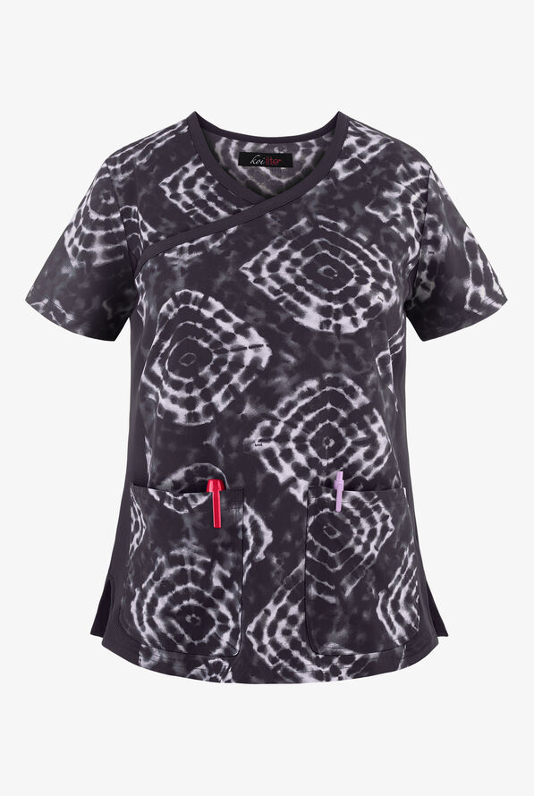 koi Lite™ Raquel Tribal Tie Dye Women's 2-Pocket Mock Wrap STRETCH Print Scrub Top - null - 1