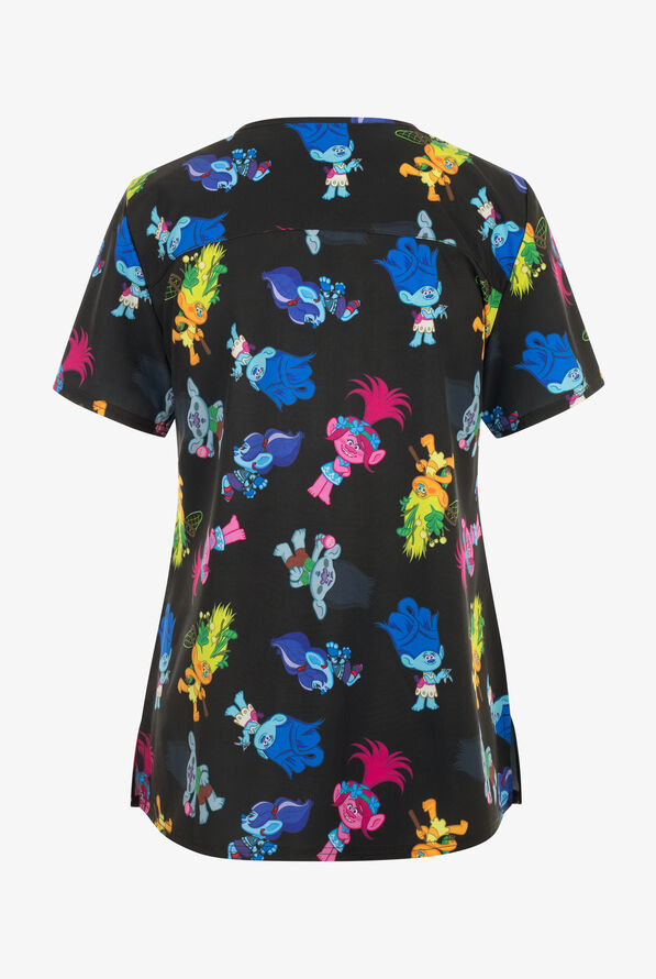 Blusa médica estampada FUNSCRUBS Dancing Trolls STRETCH con cuello en V y 2 bolsillos para mujer - null - 2