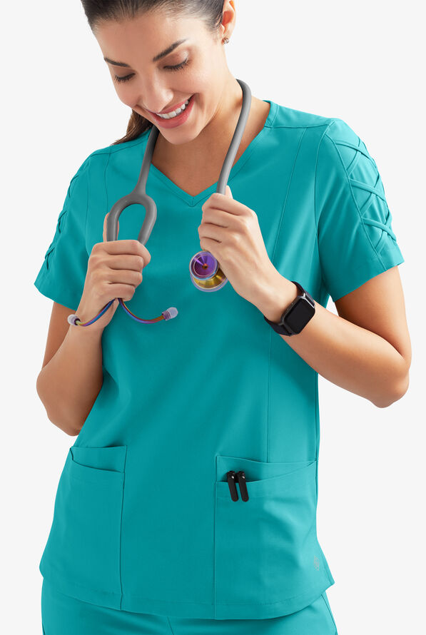 Easy STRETCH Kylie Woman's 5 Pocket V-Neck With Criss-Cross Detail Scrub Top - Teal - 3