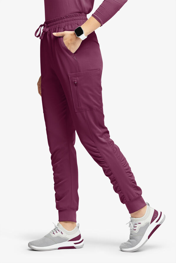 WhisperLite Calla Women's 6-Pocket Ruched Leg Cargo Scrub Pants - Wine - 1
