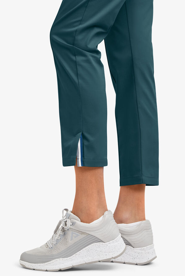 Butter-Soft STRETCH Women's 6-Pocket Pin-Tuck Crop Slim with Sport Trim Detail Scrub Pants - Caribbean Blue/Navy - 6