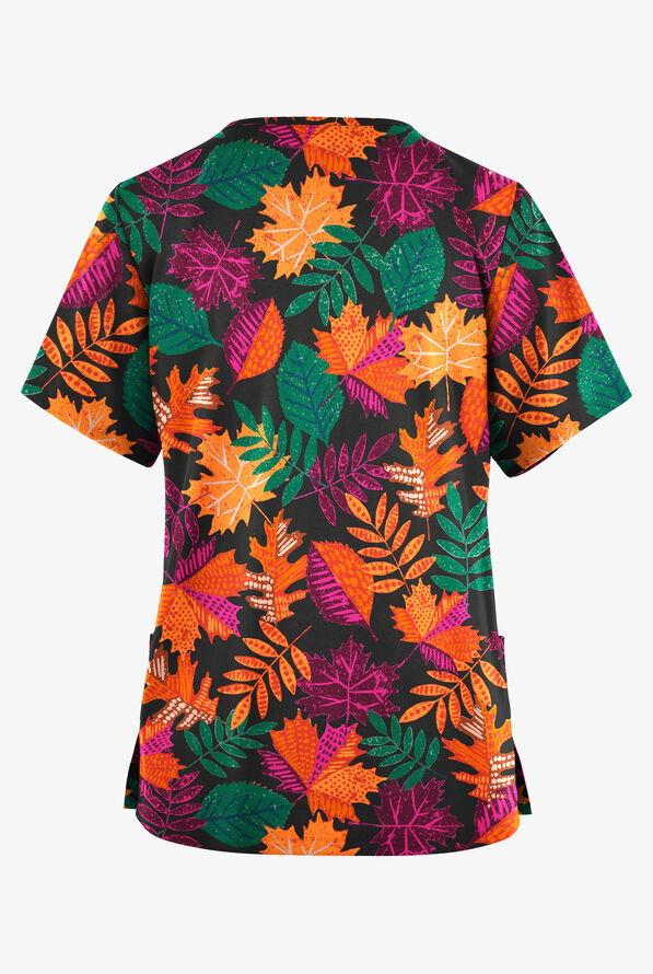 Butter-Soft Originals Black Autumn In Maine Women's 2-Pocket Classic Fit V-Neck Print Scrub Top - null - 2