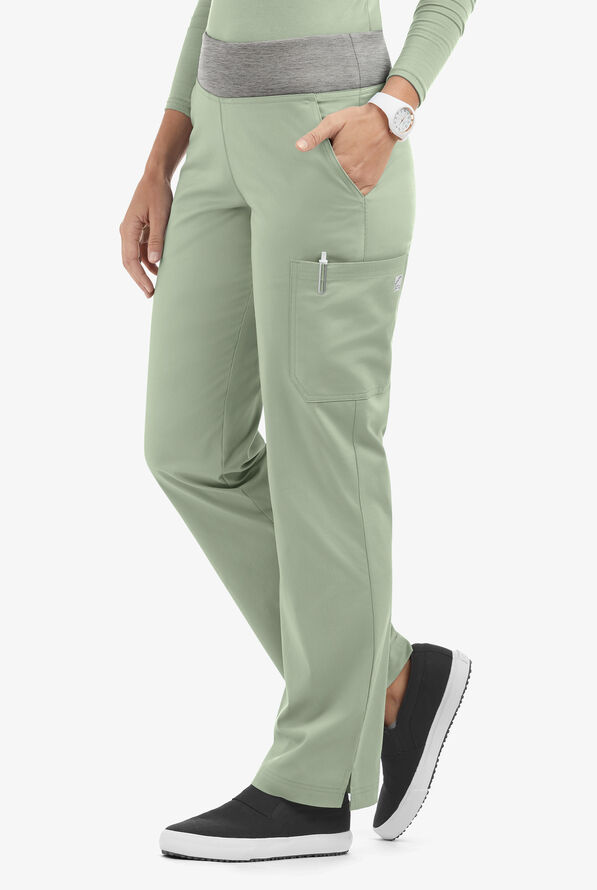 Butter-Soft STRETCH Women's 4-Pocket Knit Waistband Yoga Scrub Pants - Tall - SAGE GREEN/SILVER MELANGE - 1