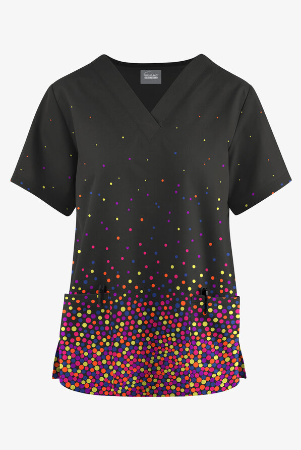 Butter-Soft Originals Gradient Pixels Women's 2-Pocket V-Neck Print Scrub Top - null - 1
