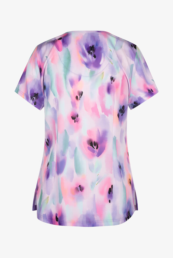 koi Lite Flower Lavender Women's 2-Pocket STRETCH V-Neck Print Scrub Top - null - 2