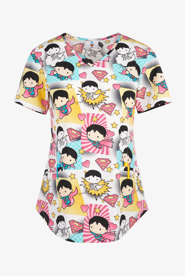 Tooniforms Friend Superman Women's 2-Pocket STRETCH V-Neck Print Scrub Top - null - 1