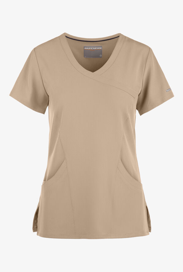 Skechers by Barco Reliance Women's 3-Pocket STRETCH Mock Wrap Scrub Top - Khaki - 1