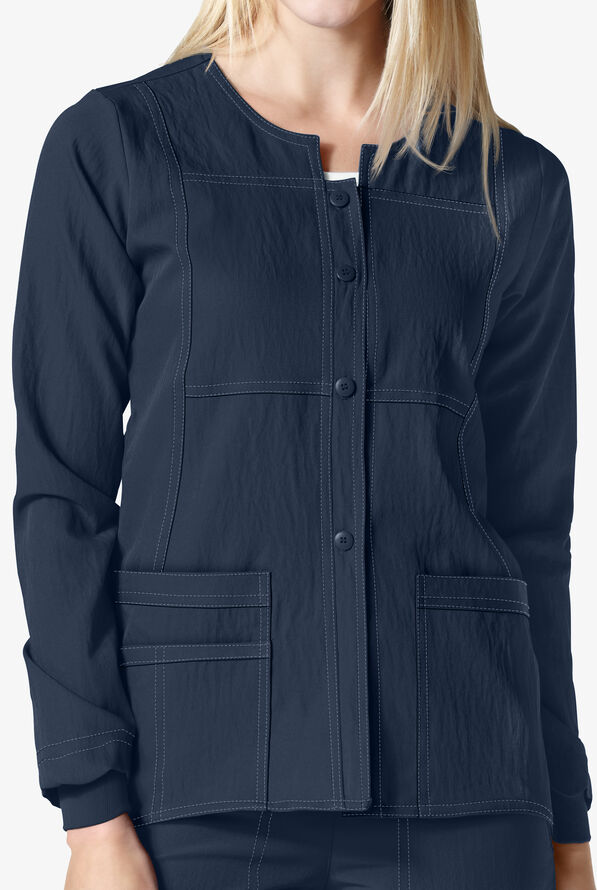 WonderWink Four-STRETCH Women's 3-Pocket Button Front Scrub Jacket - Navy - 1