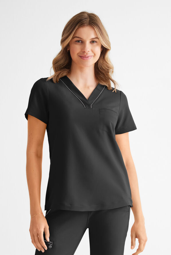 360 by Healing Hands Stella Women's 1-Pocket STRETCH Side Snap V-Neck Scrub Top - Black - 2
