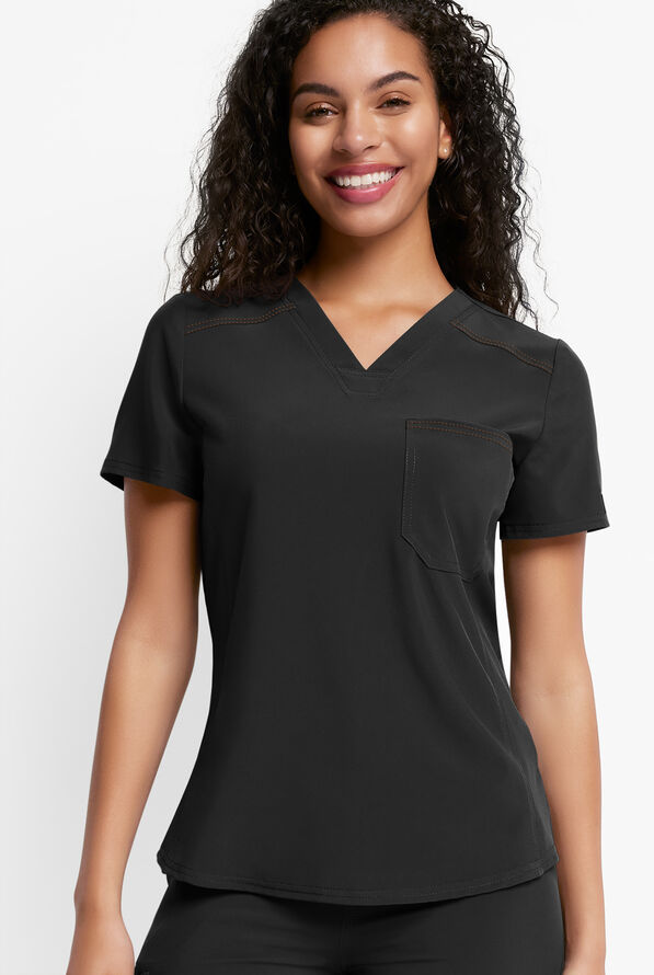 Dickies Riveting Women's 1-Pocket STRETCH Contrast Stitching Tuck In V-Neck Scrub Top - Black - 2