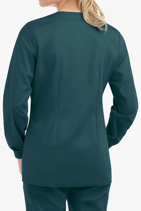 Butter-Soft STRETCH Women's 2-Pocket Long Sleeve Snap Front Scrub Jacket - Caribbean Blue - 4