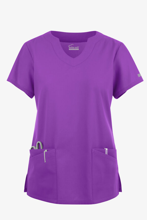 Blusa médica Butter-Soft Originals con cuello festoneado y 6 bolsillos para mujer - Wild Plum - 1