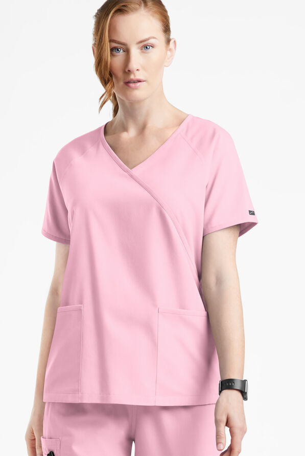 Butter-Soft Originals Women's 3-Pocket Mock Wrap Scrub Top - Blush - 2
