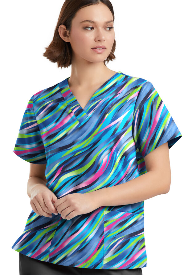 Happy Scrubs Color Waves Navy Women's 2-Pocket V-Neck Print Scrub Top - null - 2