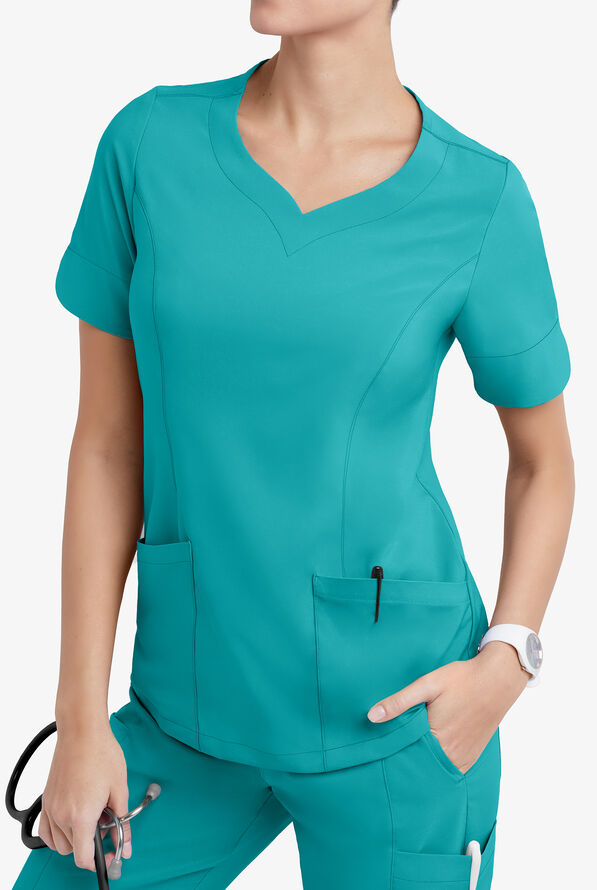 Easy STRETCH Aisha Women's 2-Pocket Sweetheart Neckline Scrub Top - Teal - 3