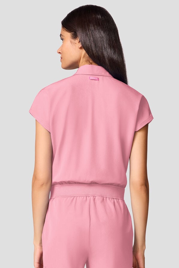 Med Couture Amp Women's 4-Pocket STRETCH Dolman Sleeve Collar Neck Wide Leg Scrub Jumpsuit - Pixel Pink - 2