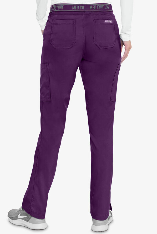 Med Couture Touch Women's 7-Pocket STRETCH Logo Elastic Double Cargo Yoga Scrub Pants - Eggplant - 2