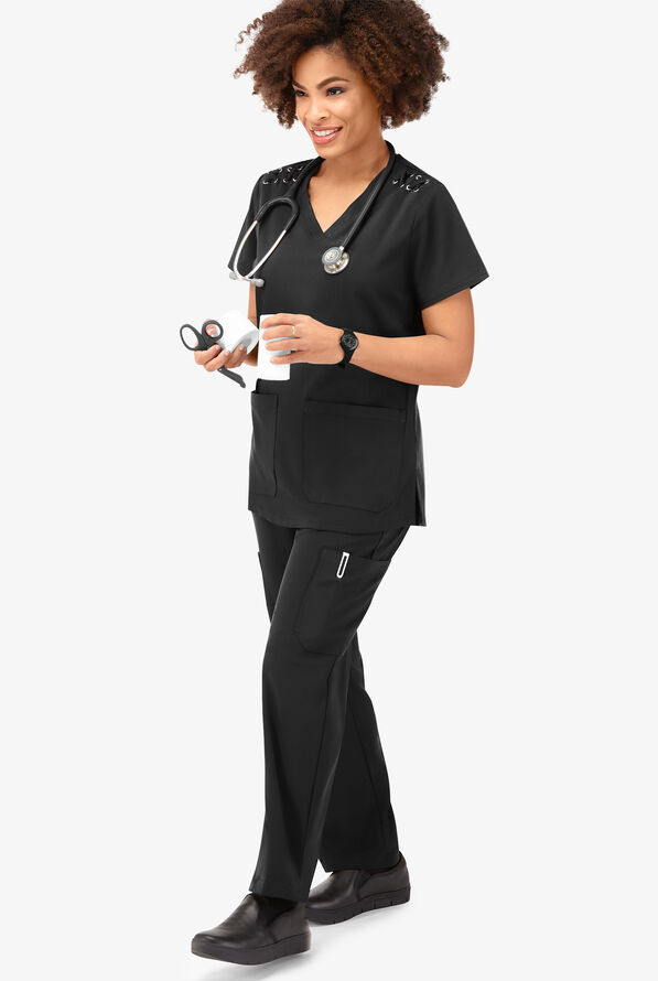 Blusa m&eacute;dica Easy STRETCH Leila con ojales con lazos y 3 bolsillos para mujer - Onyx Black - 6