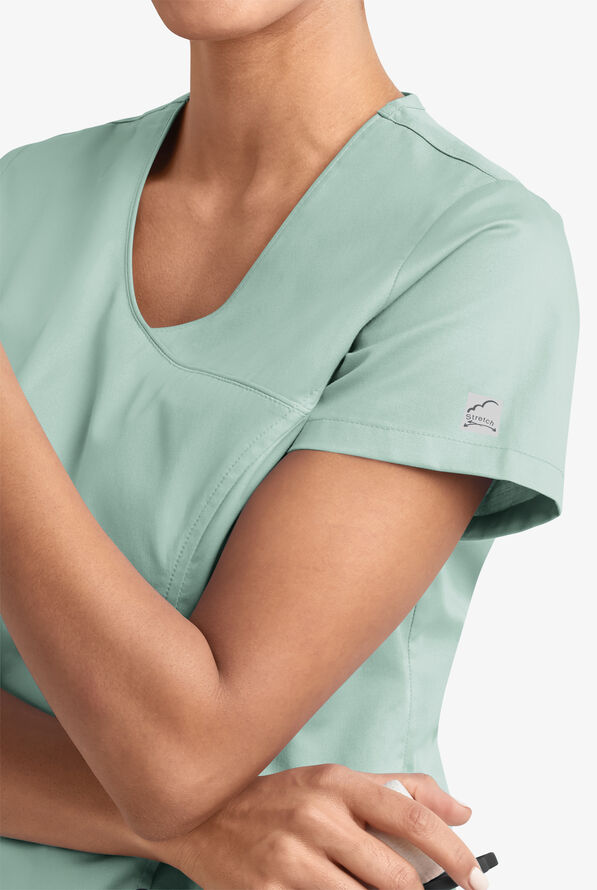 Butter-Soft STRETCH Women's 3-Pocket V-Neck Mock Wrap Scrub Top - Eucalyptus Leaf - 3