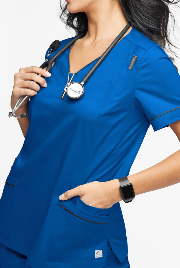 Butter-Soft STRETCH Women's 5-Pocket V-Neck with Front Zipper Scrub Top - Royal/Black - 3