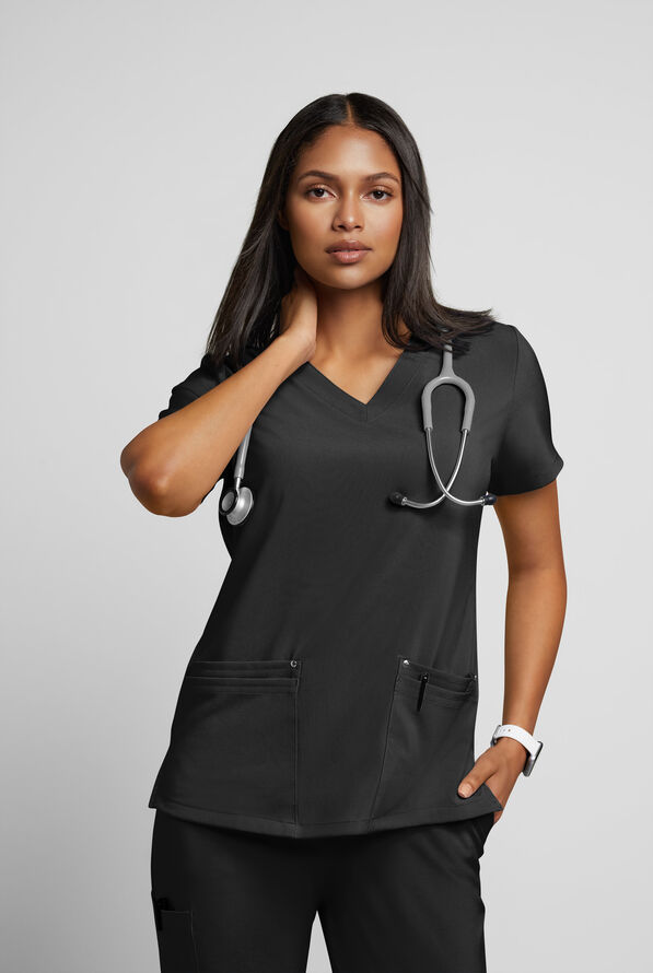 Easy STRETCH Lina Mitered Women's 4-Pocket V-Neck Scrub Top - Onyx Black - 2
