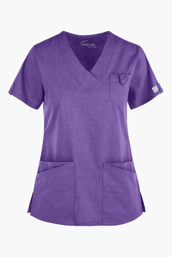 Butter-Soft STRETCH Women's 6-Pocket V-Neck Scrub Top - Sparkling Grape Heather - 1